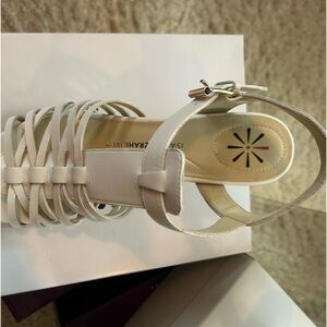 Issac Mizrahi white strapy cork wedge sandals